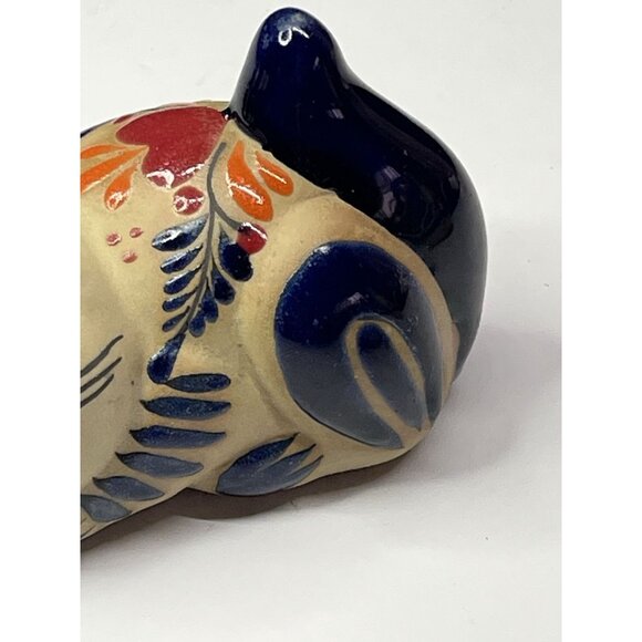 Mexican Tonala Cat Figurine Flower Folk Art Pottery Hand Painted Cancun 4” - Picture 2 of 11